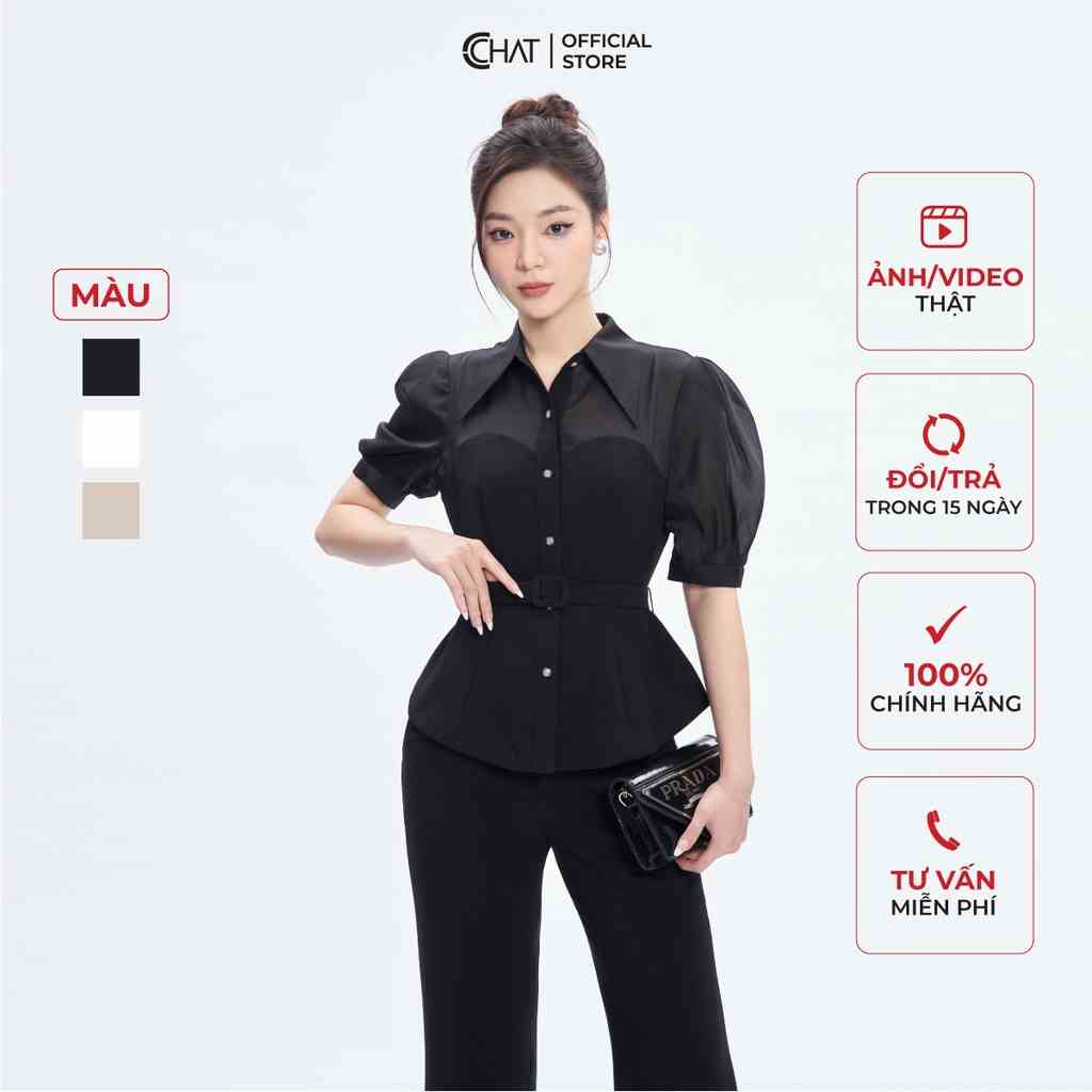 Áo Sơ Mi Nữ 𝐂𝐂𝐇𝐀𝐓 Kiểu Cutout Phối Vải Chất Tuytsi Cao Cấp Mềm Nhẹ 53FNS8001PT