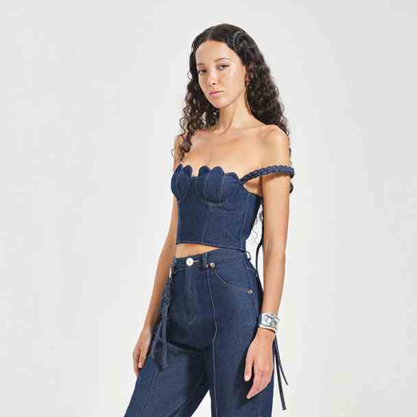 DEAR JOSÉ - Áo kiểu croptop hai dây Seashell vải denim xanh đen