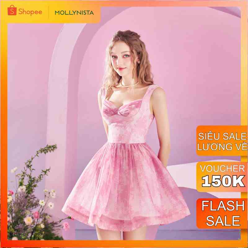 MOLLYNISTA - Đầm hồng organza in hoa xếp cúp quyến rũ nữ tính thiết kế cao cấp đi chơi đi tiệc gợi cảm