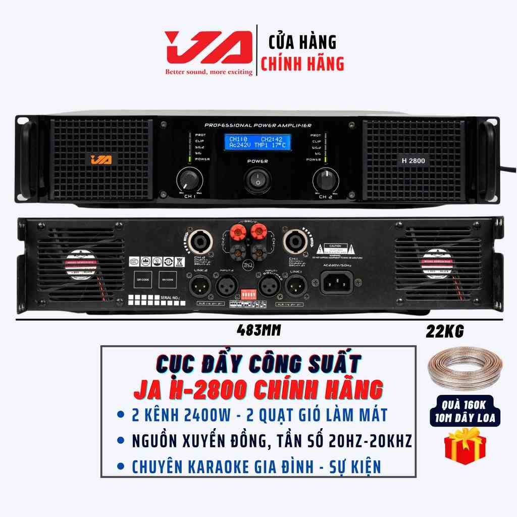 Cục Đẩy Công Suất 2 Kênh JA H-2800 2400W Chính Hãng-Cục Đẩy 2 Kênh Karaoke Gia Đình-Sự Kiện,Tặng 10M Dây Loa-JA Audio