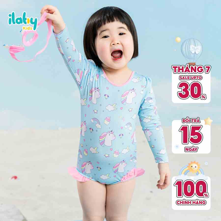 Bộ bơi liền bé gái ILABY cutout buộc nơ sau lưng chất liệu thun lạnh co dãn 4 chiều cho bé 9-28kg [70IG1613C3FT]