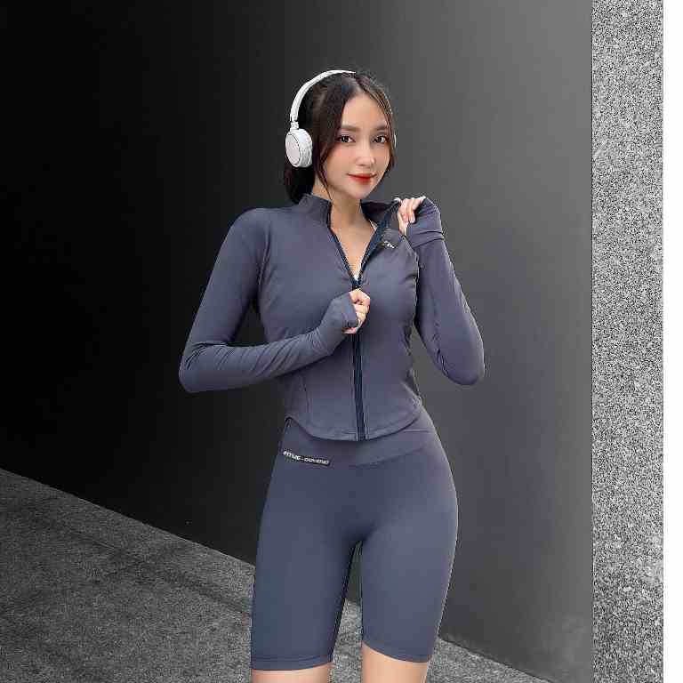 Set đồ tập gym yoga Fitme Cover23 áo khoác fullzip midnight blue quần biker phối xéo midnight blue