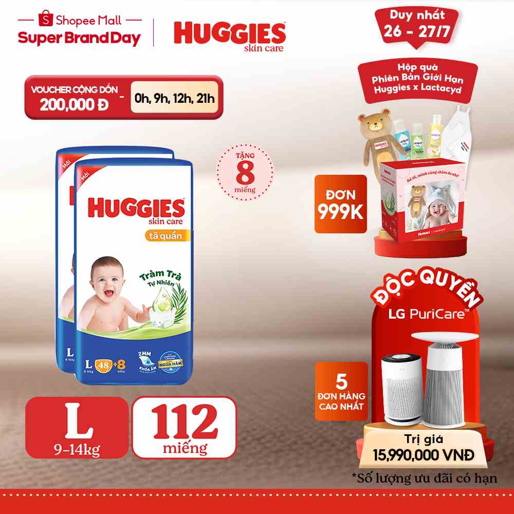 Combo 2 Tã quần Huggies Skincare Big Jumbo M56/L48/XL40/XXL36+8