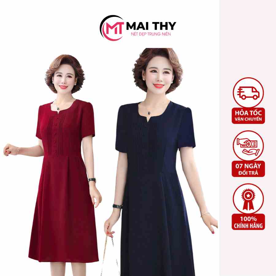 Váy Trung Niên MAI THY D529, Mẫu Đầm Đi Tiệc Cotton Lụa Xếp Ly Phối Nút Tôn Dáng Sang Trọng | Thời Trang Trung Niên U40+