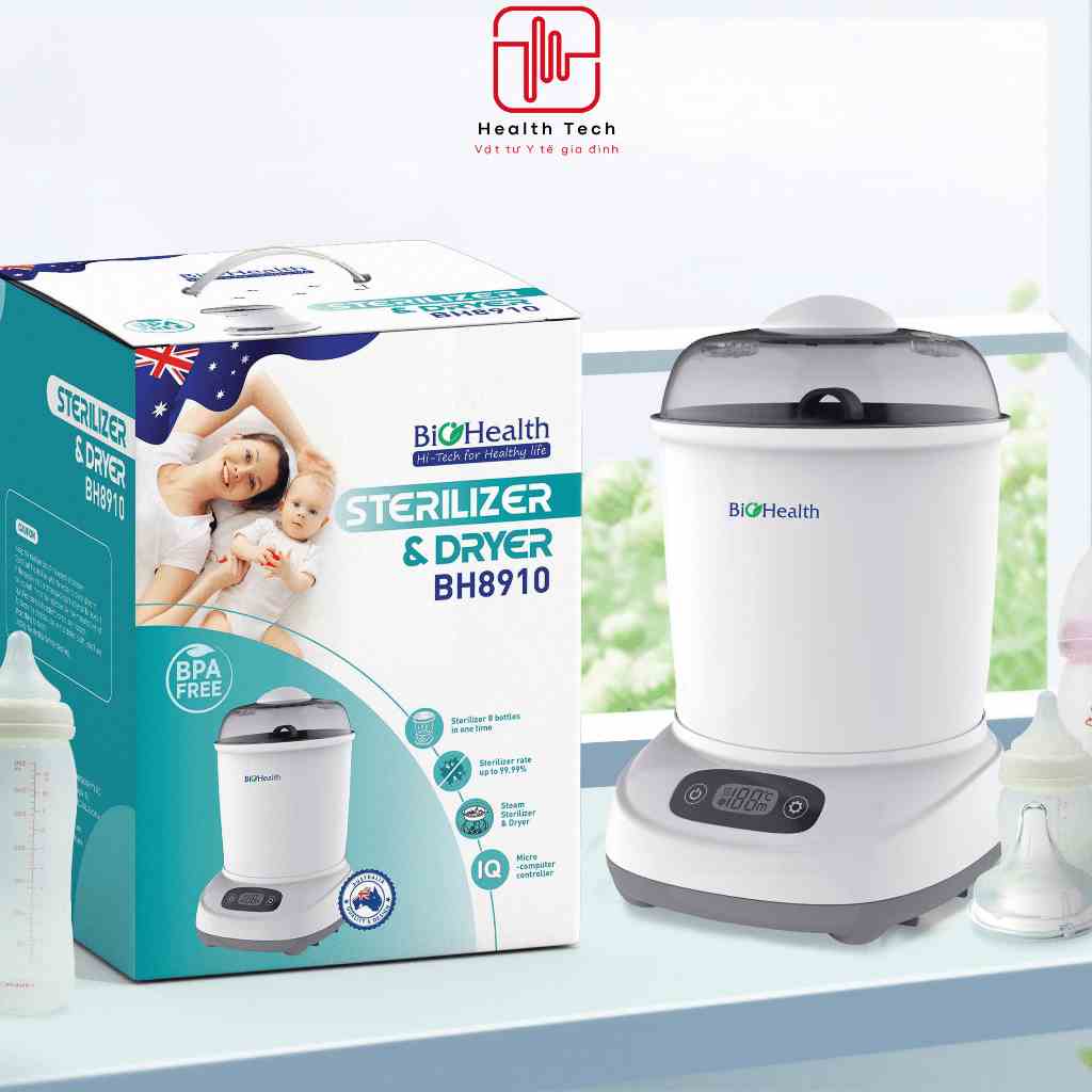 Máy tiệt trùng và sấy khô bình sữa BioHealth BH8910 diện tích rộng, đủ cùng lúc 8 bình sữa - Health Tech