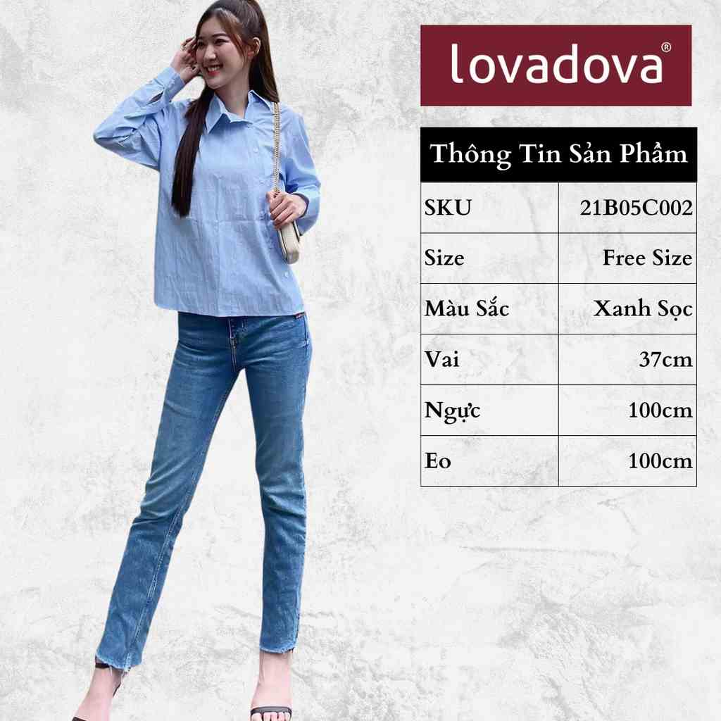 Áo Sơ Mi Kiểu Nữ dài Tay, Cách Điệu Đắp Chéo Xẻ Tà, Màu Xanh Sọc - Lovadova 21B05C002