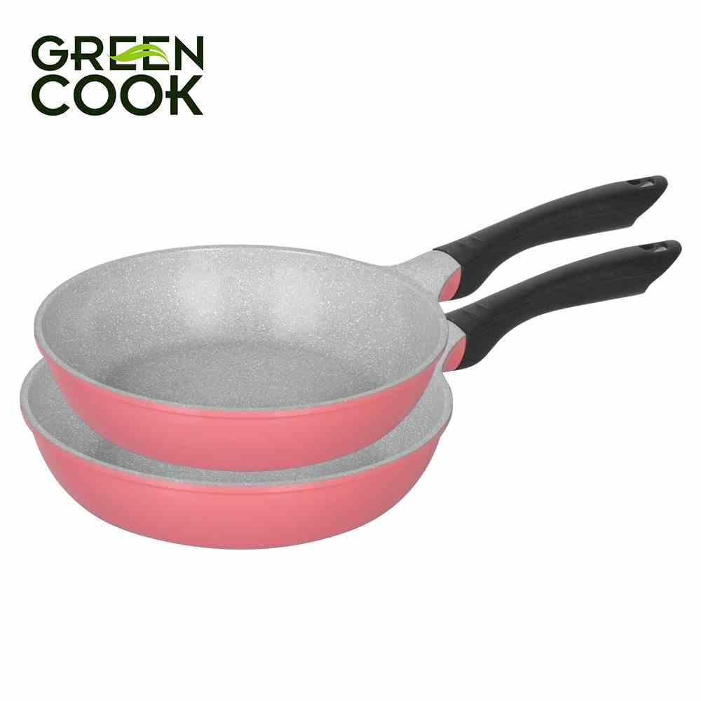 Bộ 2 chảo đúc chống dính men đá ceramic đáy từ Green Cook GCP03 màu hồng công nghệ 7 lớp chống dính Hàn Quốc sản xuất tạ