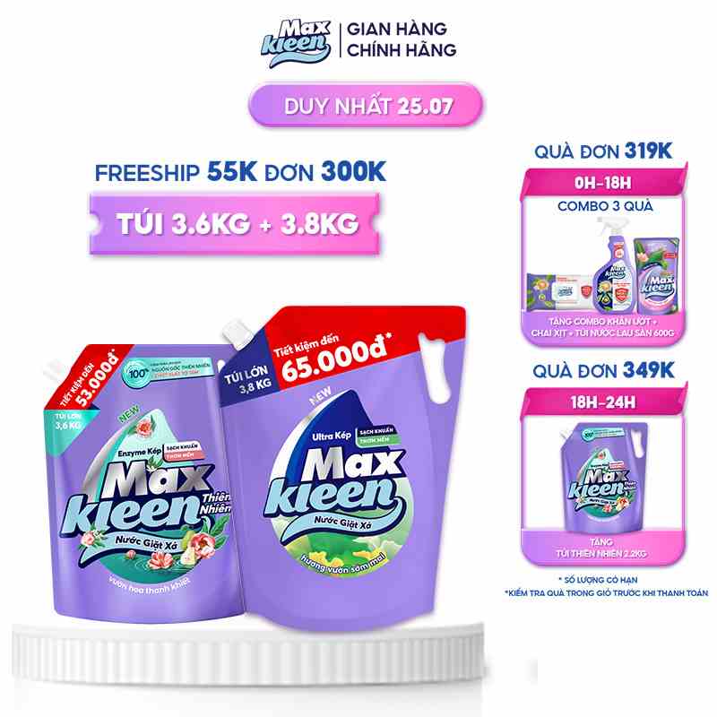 Combo 2 Túi nước giặt xả MaxKleen Thiên nhiên 3.6kg + Sớm mai 3.8kg