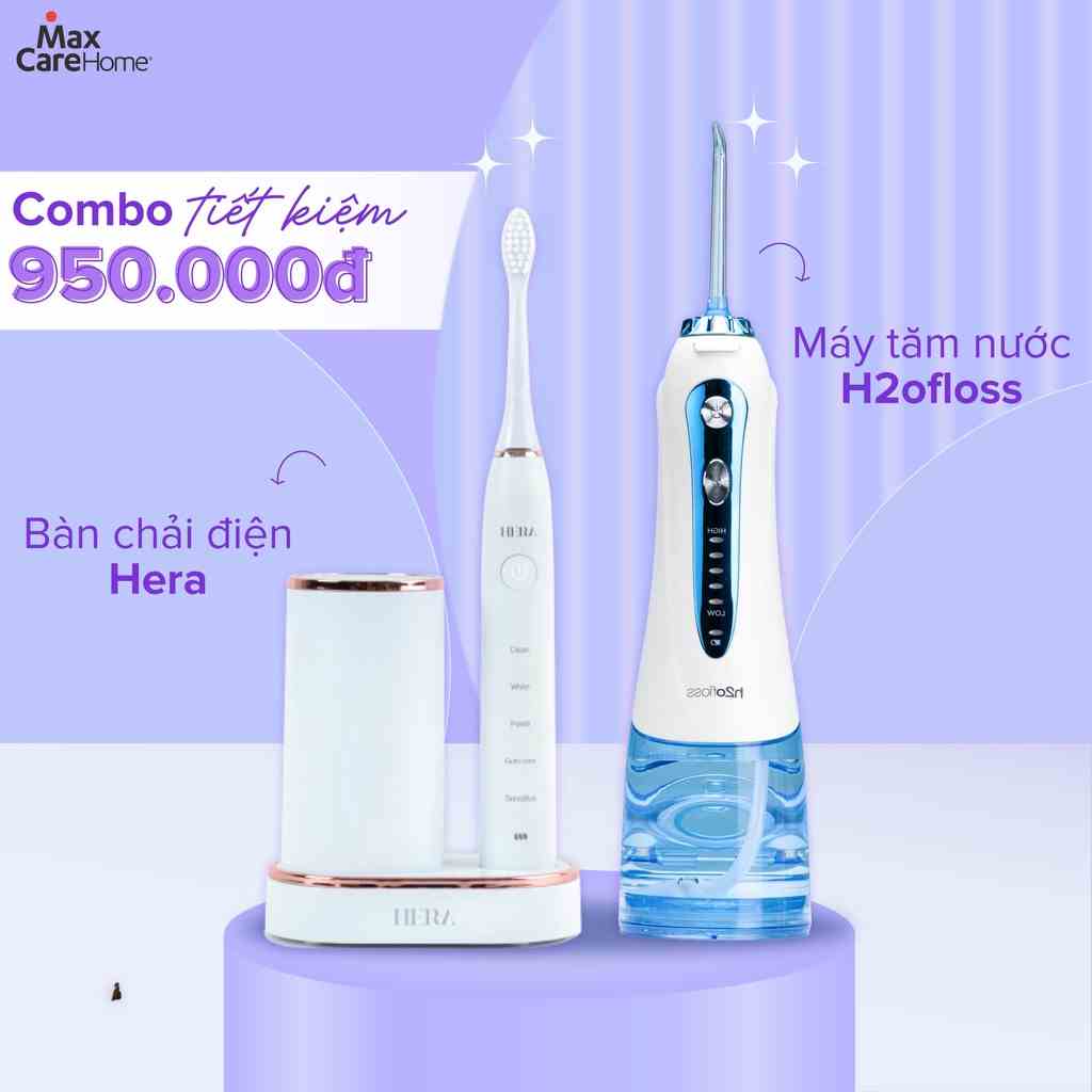 [COMBO GIẢM 950K] Máy tăm nước cầm tay H2ofloss HF-9P + Bàn chải điện sóng siêu âm Maxcare Hera Whitening