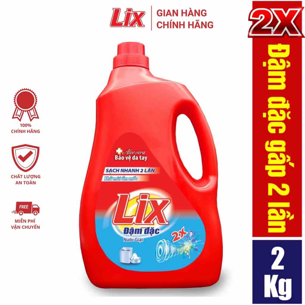 Nước giặt Lix đậm đặc hương hoa chai 2kg làm sạch cực nhanh vết bẩn NG201 tăng gấp đôi sức mạnh giặt tẩy quần áo