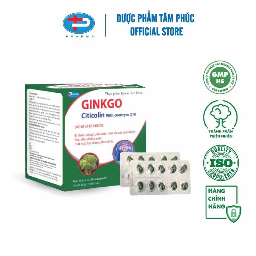 Viên Nang Mềm Ginkgo Citicolin With Coenzym Q10 TÂM PHÚC PHARMA Hỗ Trợ Hoạt Huyết Tăng Cường Tuần Hoàn Máu Não