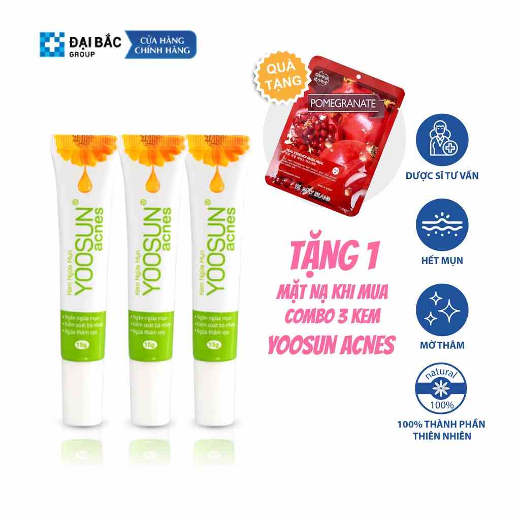 [DƯỢC SĨ TƯ VẤN]Combo 3 tuýp kem ngừa mụn, giảm tiết bã nhờn, ngừa thâm sẹo YOOSUN Acnes 15gr/tuýp tặng 1 mặt nạ giá 25k