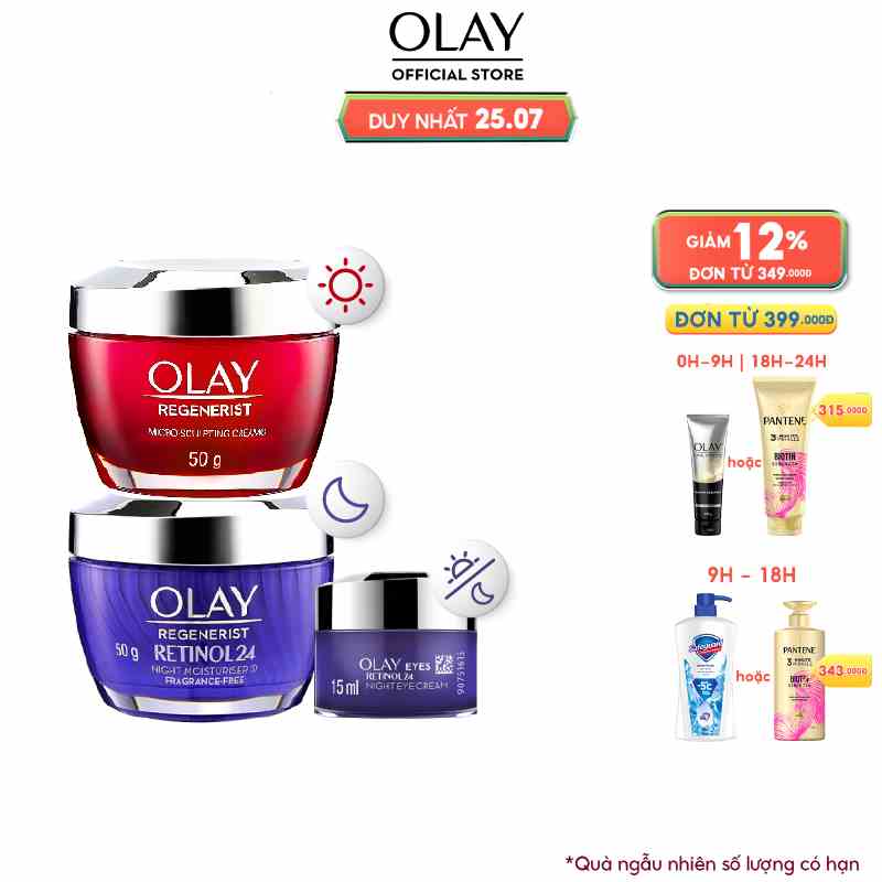 Combo 3: Kem Dưỡng Ban Ngày OLAY REGENERIST 50G, Kem Dưỡng Ban Đêm OLAY RETINOL 50G, Kem Dưỡng Mắt OLAY RETINOL 15ML