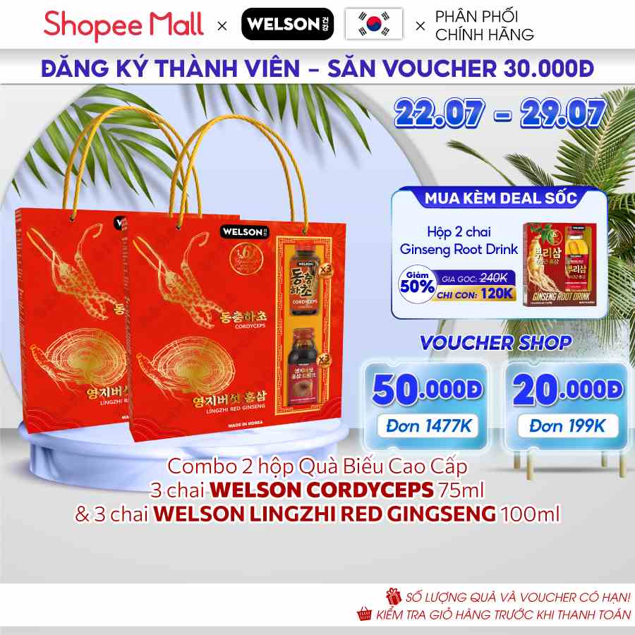 Combo 2 Hộp Quà Biếu Cao Cấp Tăng Cường Sức Khỏe Welson Cordyceps 75ml & Welson Lingzhi 100ml