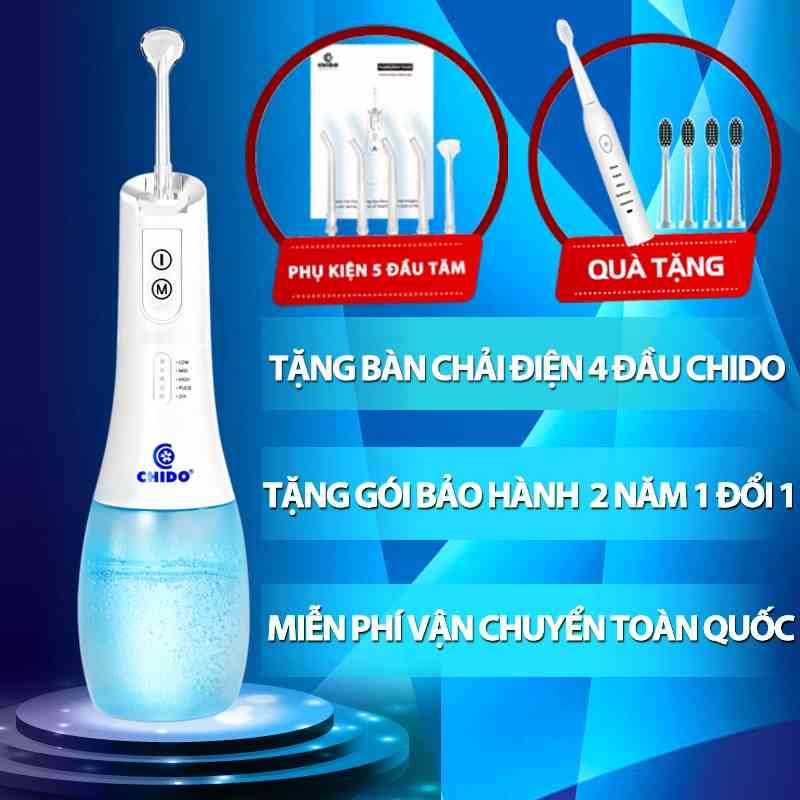 Máy Tăm Nước CHIDO Cầm Tay, 5 Đầu Phun Không dây Kèm Củ Sạc Túi Vải Đựng Đầu Xịt Và Máy Cao Cấp TẶNG BÀN CHẢI ĐIỆN