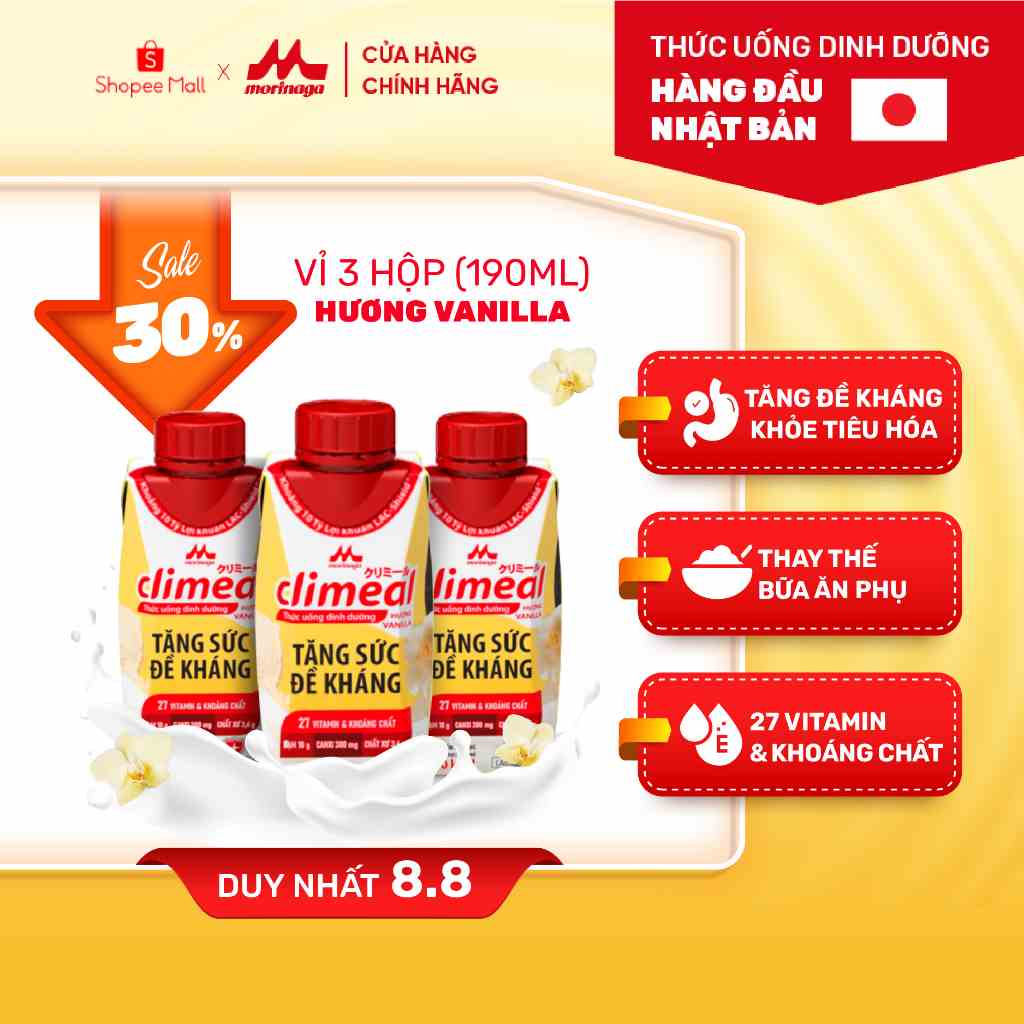 [Mã BMLTB35 giảm đến 35K đơn 99K] Vỉ 3 hộp 190ml Thức uống dinh dưỡng Climeal - Hương vanilla