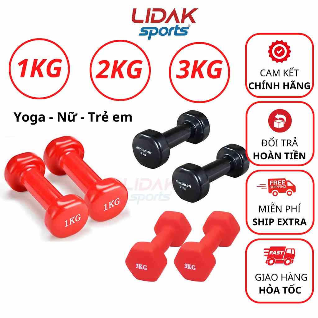 Tạ tay LIDAK 1kg 2kg 3kg dành cho nữ tập tại nhà , lõi thép bọc cao su cao cấp - LIDAK SPORT