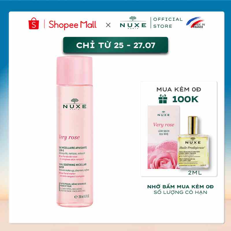 Nước tẩy trang Micellar 3 trong 1 Nuxe Very Rose 200ml