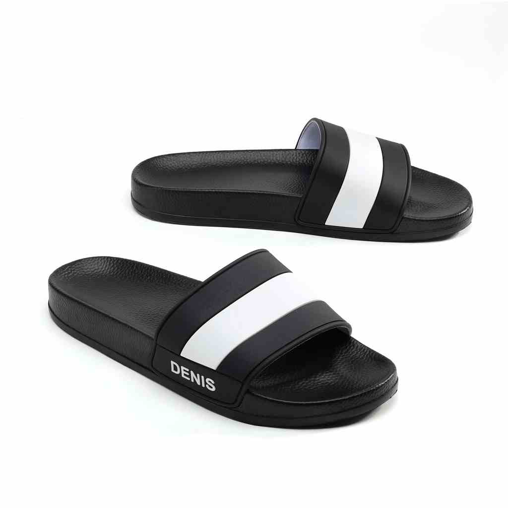 Dép quai ngang Denis Unisex Slipper SP08 đế PU quai PVC đen sọc trắng Ngoài trời