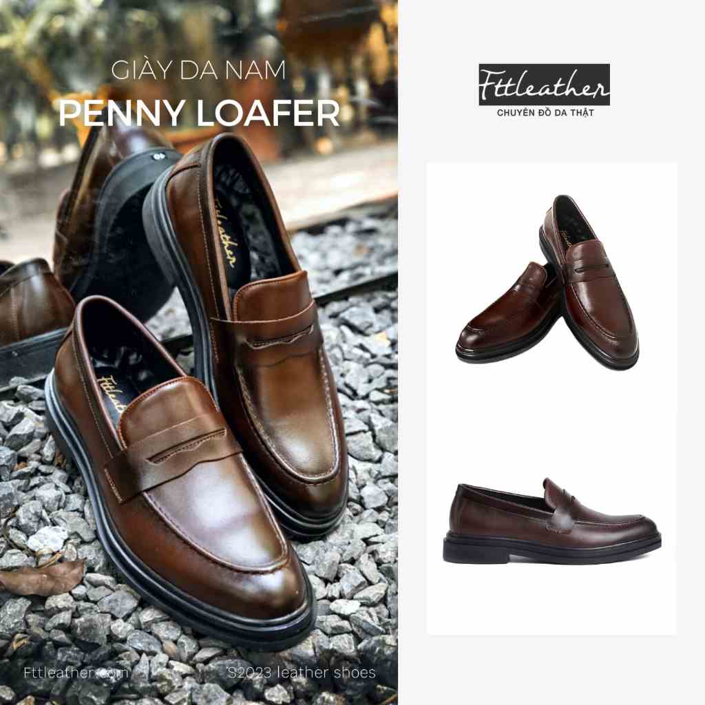 Giày da bò nam FTT Leather dáng lười công sở Penny Loafer trơn độn đế ẩn tăng chiều cao màu đen, nâu F0303