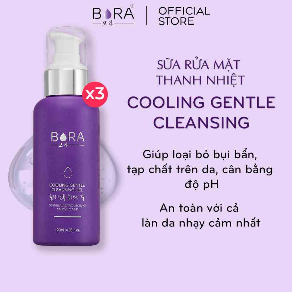 COMBO 3 Sữa Rửa Mặt Thanh Nhiệt BORA COOLING GENTLE CLEANSING GEL Thu Nhỏ Lỗ Chân Lông Chai 120ml