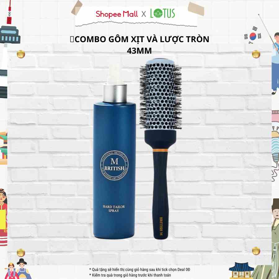 Combo gôm xịt giữ nếp, lược tròn tạo kiểu BRITISH M Hard Tailor Spray 250ml & BRITISH M Hot Curling Ceramic Brush 43mm