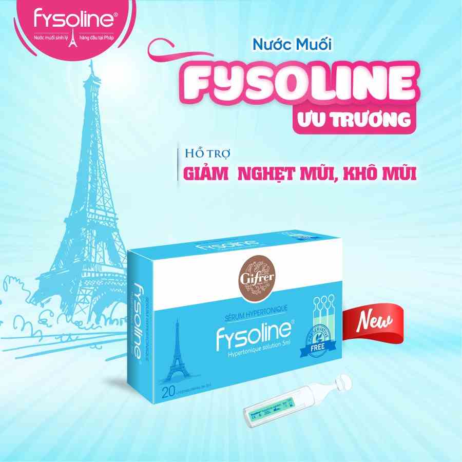 Nước muối ưu trương FYSOLINE hỗ trợ viêm mũi, nghẹt mũi cho bé (Hộp xanh 20 ống x 5ml)