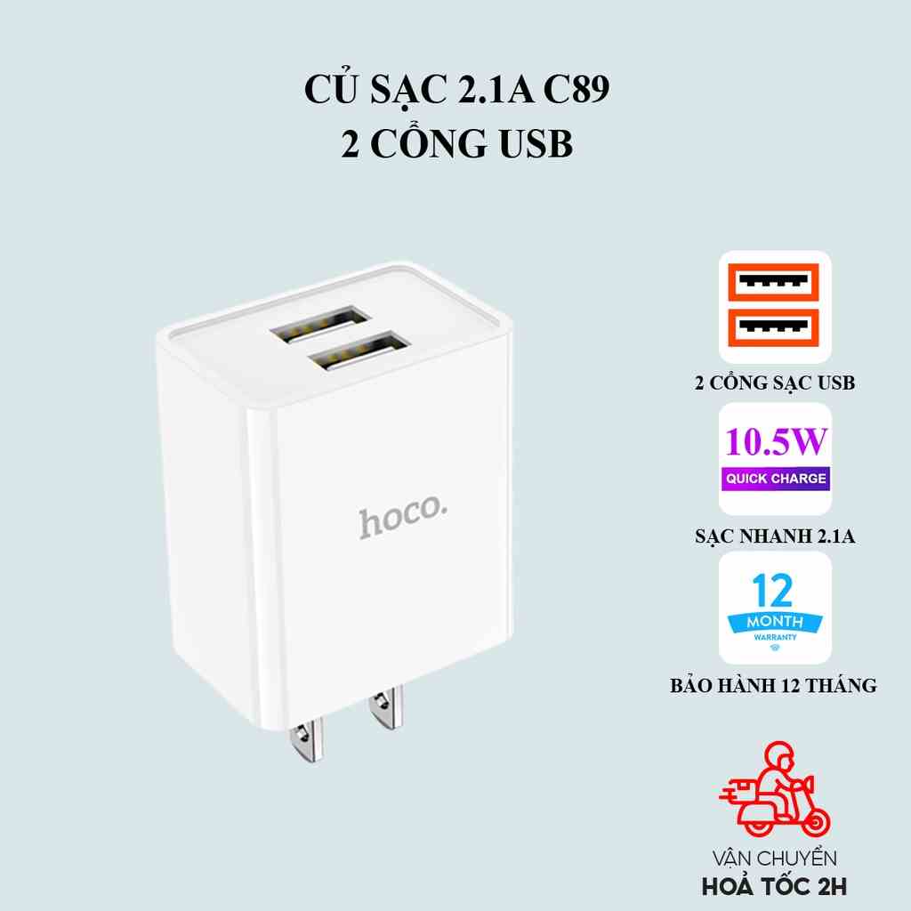 Củ sạc Hoco C89 2.1A chân dẹt 2 cổng USB vật liệu PC chống cháy cho điện thoại