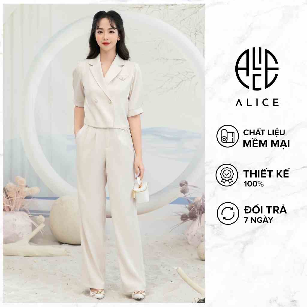 Set Đồ Công Sở Quần Dáng Suông, Áo Croptop Cổ Vest ALICE Chất Chéo Kaki Lót Lụa Cao Cấp Mềm Mịn, Thấm Hút Tốt S1018