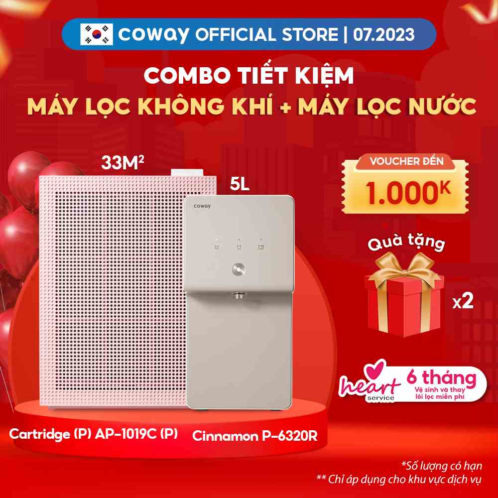 [Combo tiết kiệm] Máy lọc không khí Coway Cartridge (P) AP-1019C (P) và Máy lọc nước Coway Cinnamon P-6320R