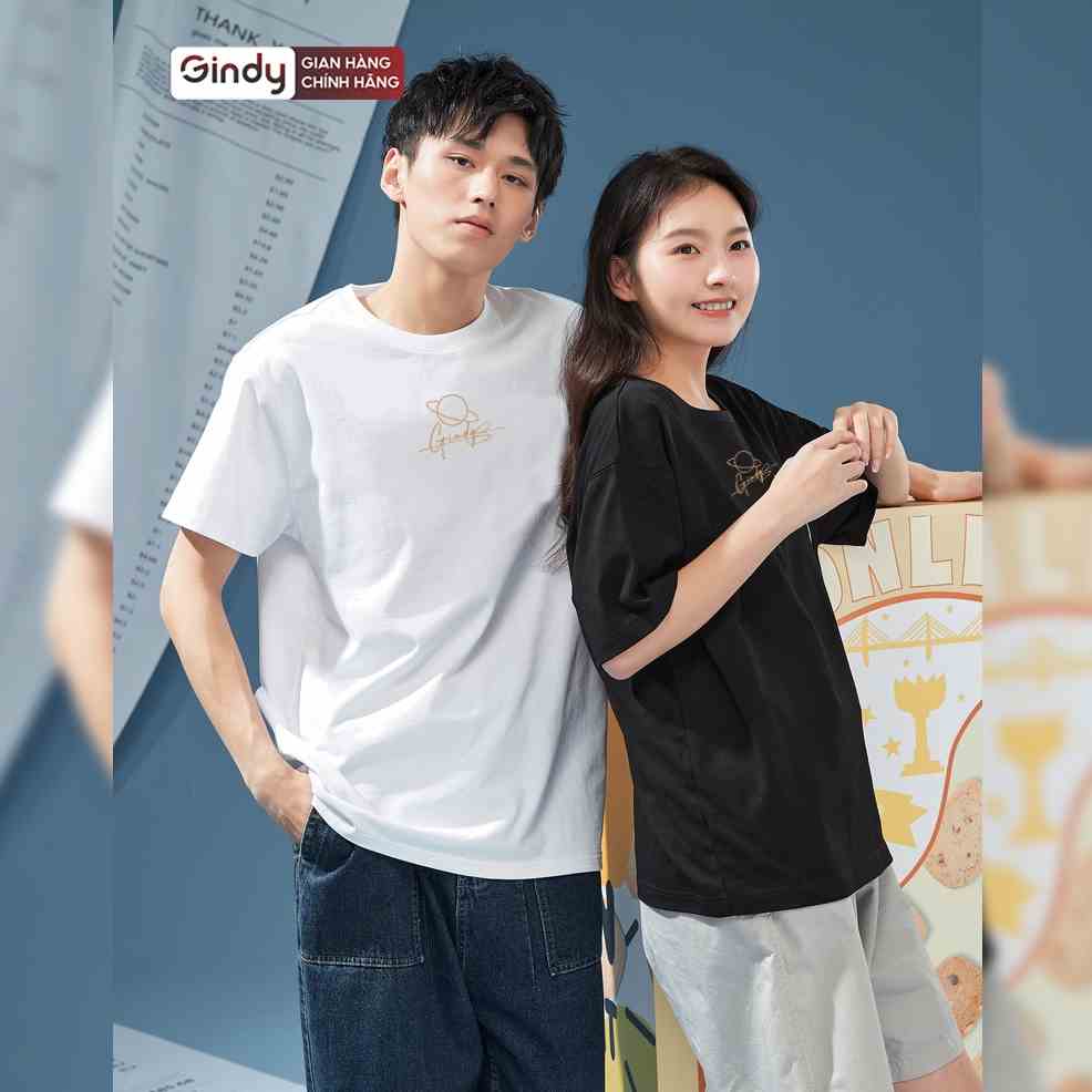 Áo thun nam nữ tay lỡ phông cổ tròn form rộng unisex chất cotton thêu chữ màu đen trắng basic thời trang GINDY A081