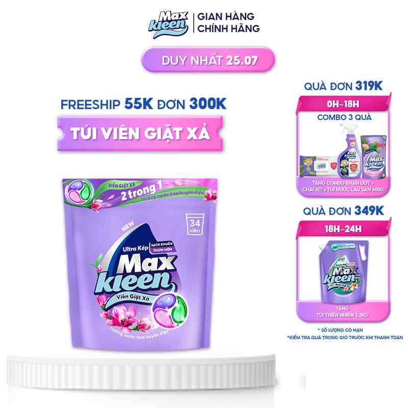 Viên Giặt Xả MaxKleen 2 Trong 1 Hương Nước Hoa Huyền Diệu (34 viên/túi)