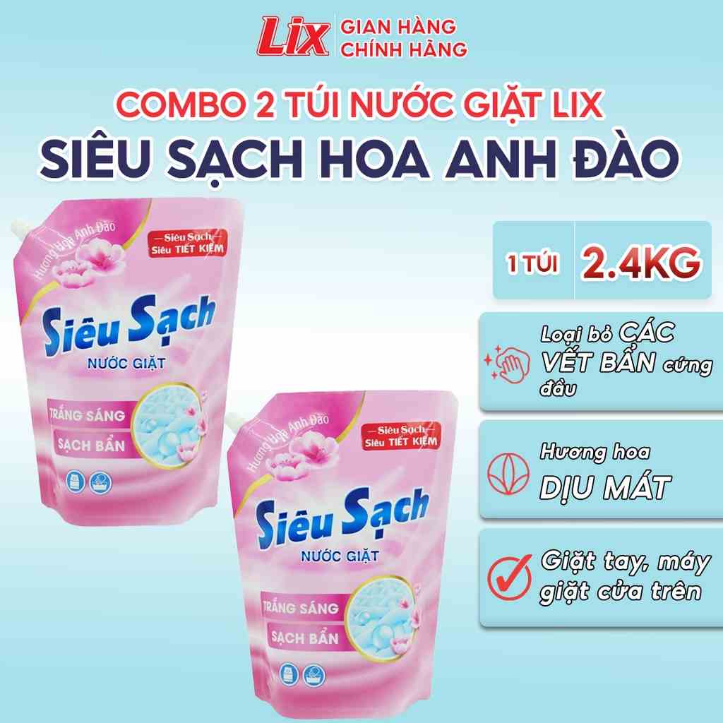 Combo 2 túi nước giặt Lix Siêu Sạch Hoa Anh Đào dung tích 2.4kg/túi, 2C-N2502 - Lixco Việt Nam