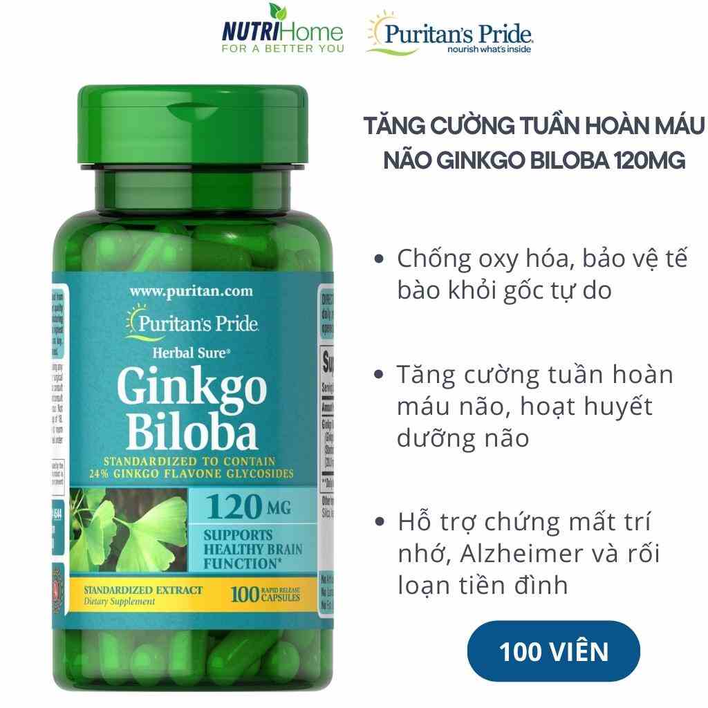 Viên uống hoạt huyết dưỡng não Ginkgo Biloba 120mg Puritan’s Pride hỗ trợ rối loạn tiền đình (Nutri Home) (100 viên)