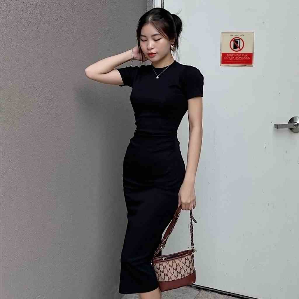 Đầm body nữ dáng dài tay ngắn cổ tròn nhún eo chất thun cotton 4 chiều co giãn Callene (L1481)