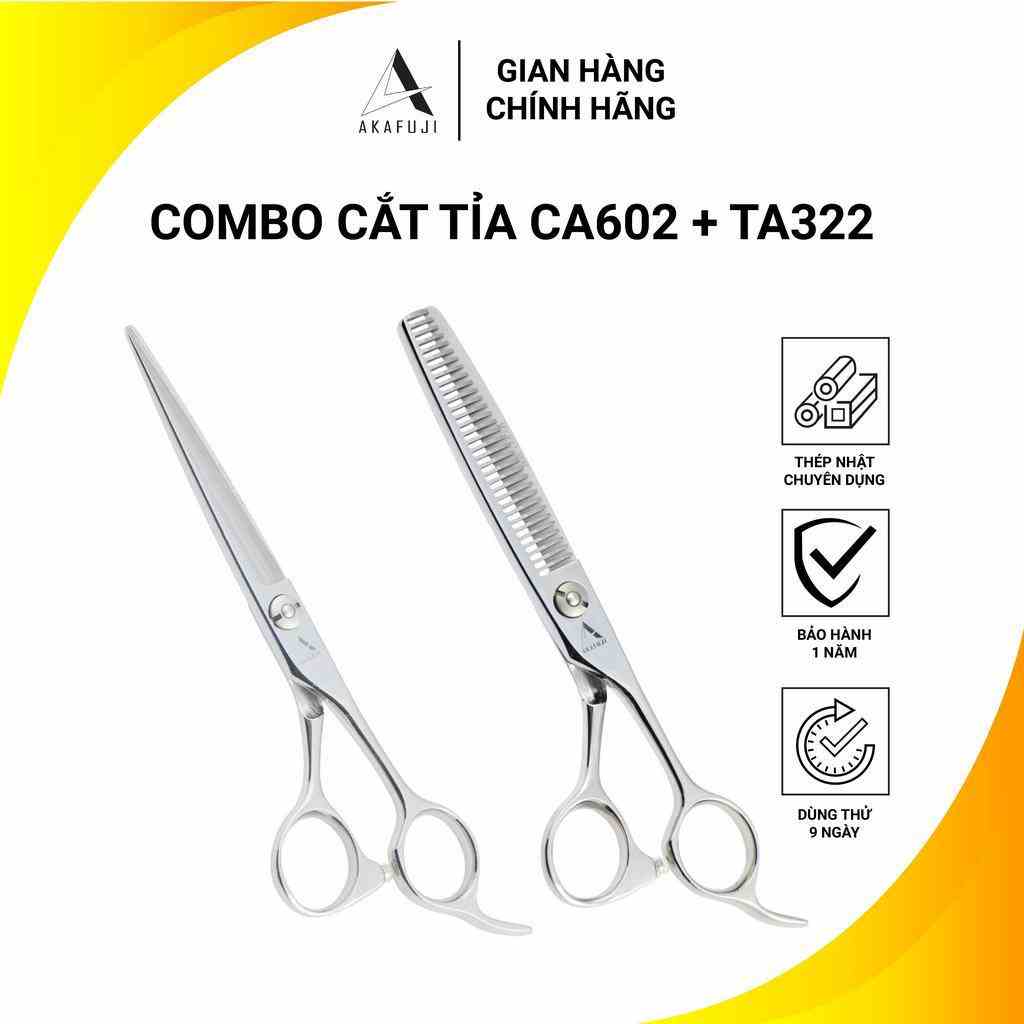 Combo 2 kéo cắt tỉa AKAFUJI, kéo cắt lưỡi thẳng size 6.0 CA-602, kéo tỉa chuôi offset răng thẳng TA-322