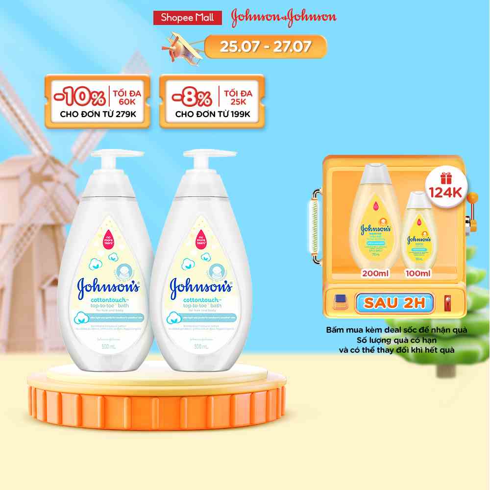 Combo 2 Chai Sữa Tắm Gội Toàn Thân Mềm Mịn Johnson Baby Bath Cotton Touch 500mlx2