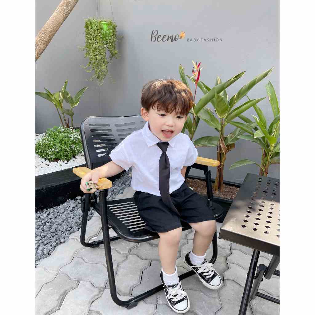 Set bộ sơ mi trắng Beemo cộc tay phối quần chun kèm cà vạt vải thô mặc hè cho bé trai từ 1 đến 7 tuổi 22054B