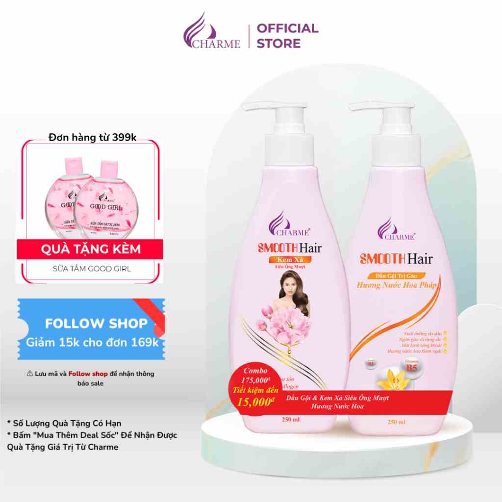 Dầu gội kem xả xóa sạch gàu, Charme Smooth Hair, đánh bay gàu, phục hồi hư tổn, 250ml