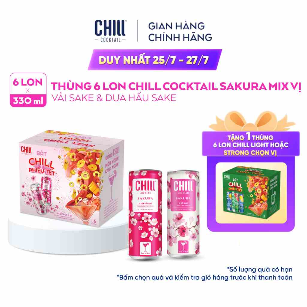 [Mã BMLTB200 giảm đến 100K đơn 499K] Thùng 6 lon Chill Cocktail Sakura mix vị Vải Sake & Dưa Hấu Sake (330ml/lon)