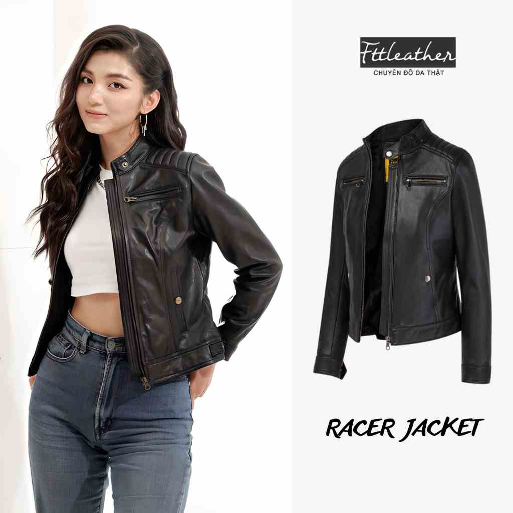 Áo Da Nữ FTT Leather Racer Jacket Da Dê Hai Khóa Ngực Cao Cấp, Trẻ Trung