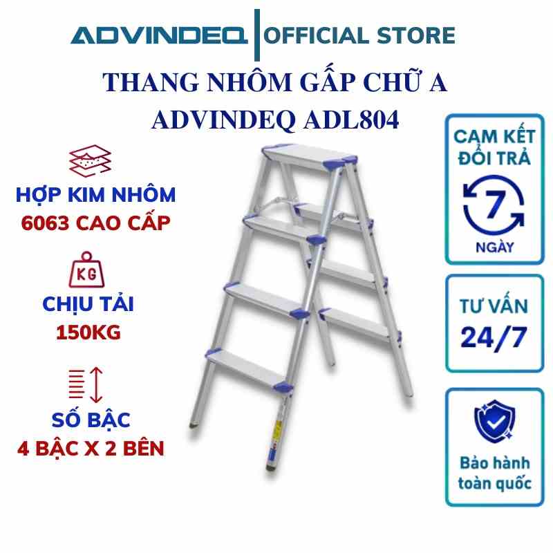 Thang nhôm gấp chữ A ADVINDEQ ADL804 Thang nhôm nhập khẩu - Thanh khóa an toàn - Bảo hành toàn quốc 24 tháng