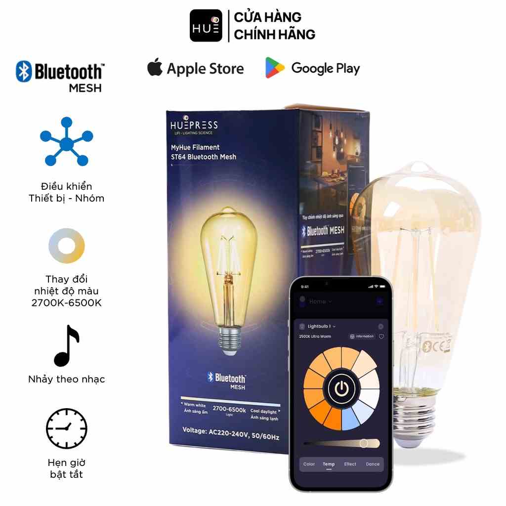 Bóng đèn led dây tóc HUEPRESS Bluetooth Mesh Filament Bulb ST64 đui E27 4W 2700K-6500K Edison vintage