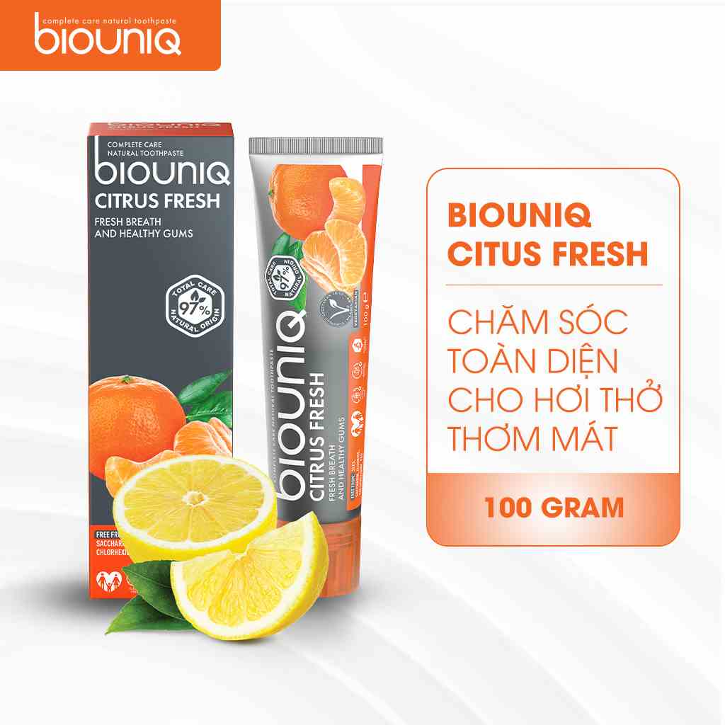 Kem Đánh Răng Chăm Sóc Toàn Diện BIOUNIQ Citrus Fresh Chiết Xuất Cam Quýt Làm Sạch Mảng Bám Và Giữ Hơi Thở Thơm Mát 100G