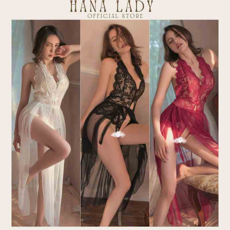 Váy ngủ nữ bodysuit xuyên thấu sexy kèm choàng gợi cảm chất ren mềm mại Hanaladystore V524