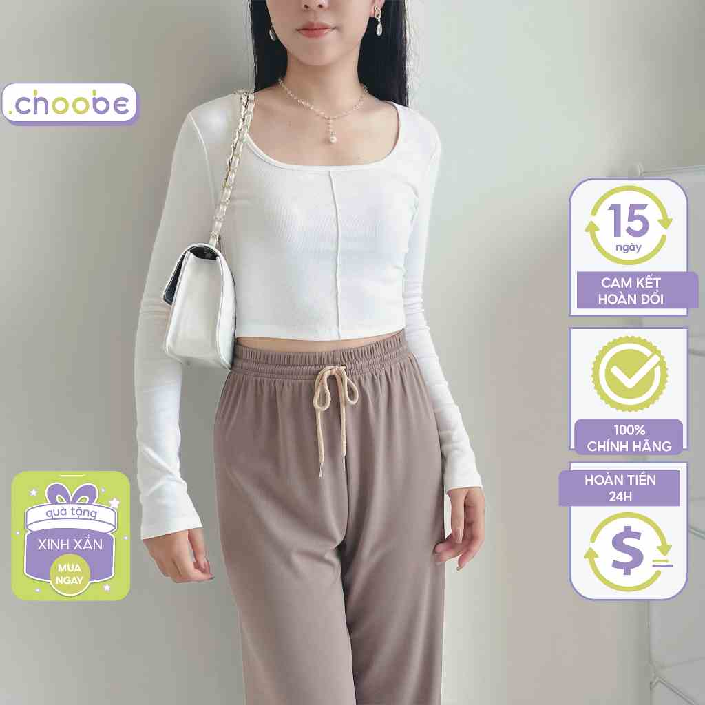 Áo croptop tay dài nữ Choobe cổ vuông gân giữa vải thun ôm body  cotton co giãn tốt