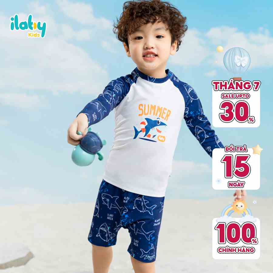 [Tăng 1 size với bảng bảng size] Set đồ bơi bé trai ILABY rời in hình chất liệu thun lạnh co dãn 4 chiều [70IG1612C3FT]