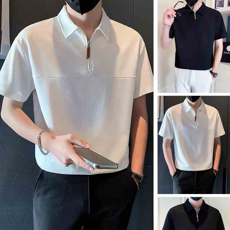 Áo Thun Polo Tay Ngắn Có Khóa Kéo Màu Trơn Kemeja Baju Lelaki SLC25 Thời Trang Mùa Hè Cho Nam