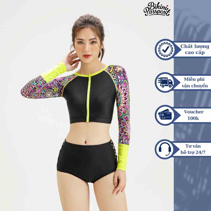 Áo bơi Nữ BIKINI PASSPORT kiểu dáng croptop tay dài khoá kéo - màu Xanh nõn - BS194_LM