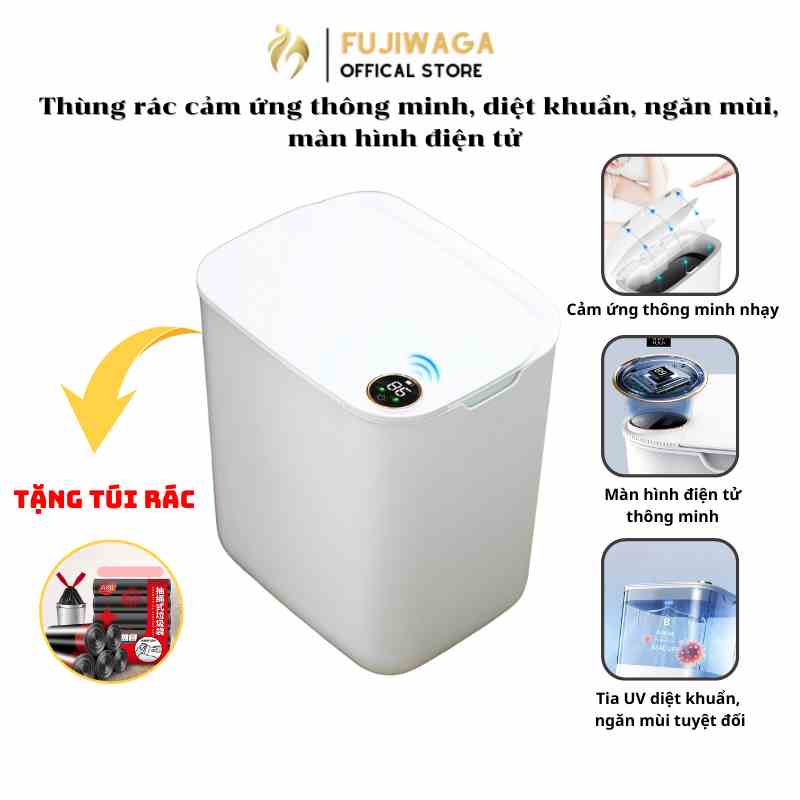 Thùng rác thông minh cảm ứng màn hình điện tử Fuji Waga 18L tia UV diệt khuẩn dùng cho phòng khách, nhà vệ sinh, nhà bếp